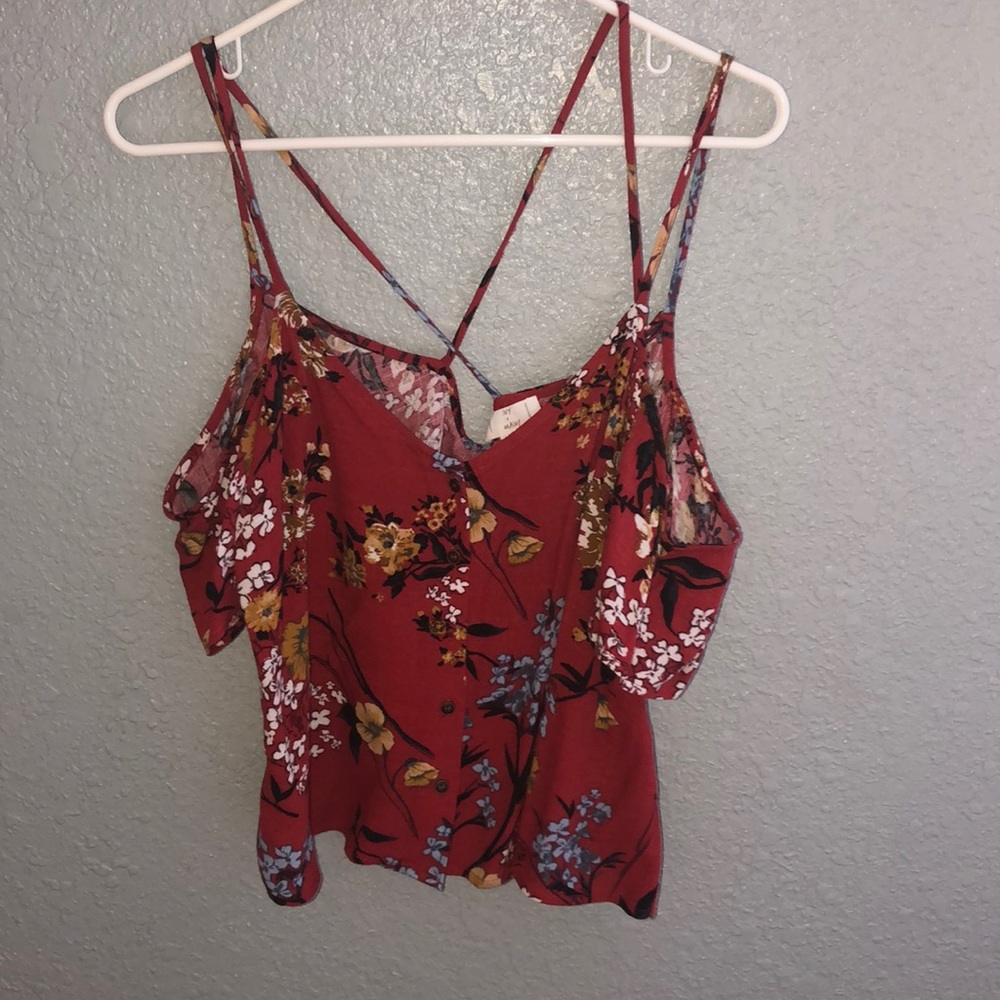 Red and floral off the shoulder blouse